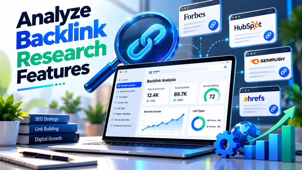 Backlink research features showing referring domains, link analysis, domain rating, backlink growth, and SEO performance metrics.