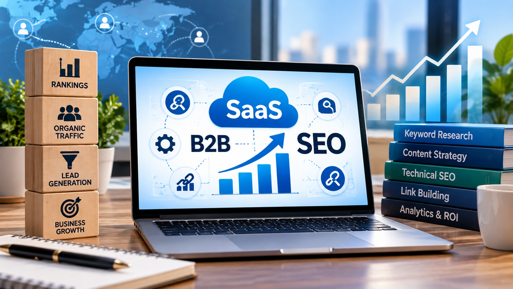 B2B SaaS SEO strategy showing keyword research, technical SEO, content strategy, link building, organic traffic, rankings, and business growth.