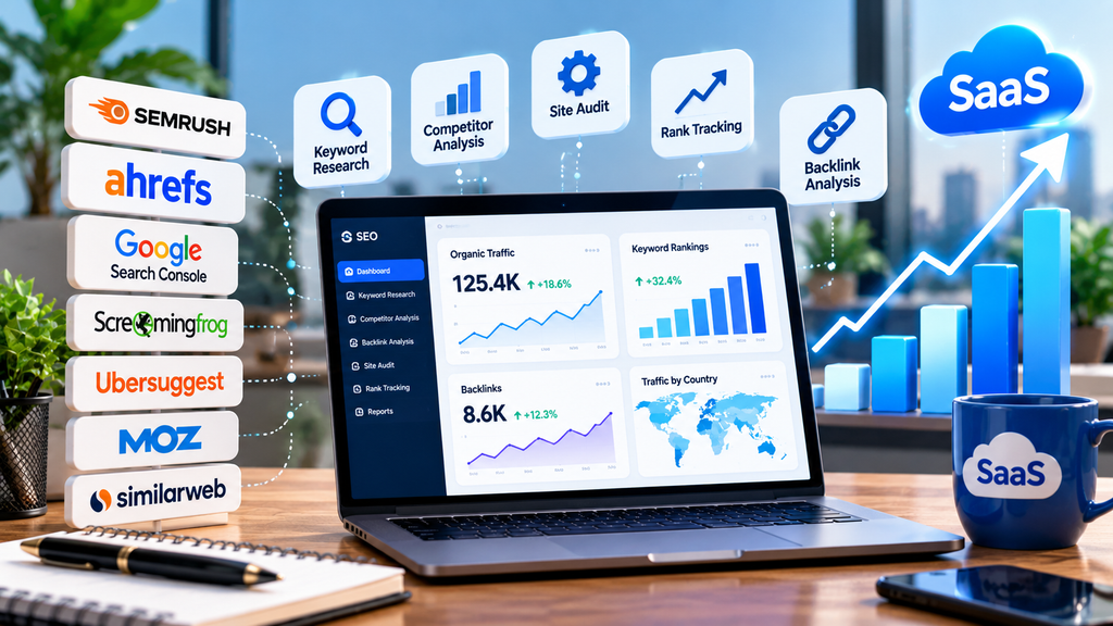 B2B SaaS SEO tools for keyword research, competitor analysis, site audits, rank tracking, backlinks, and organic traffic growth.