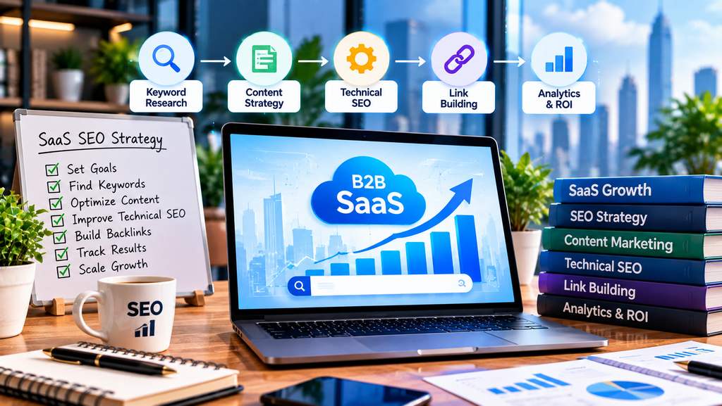 B2B SaaS SEO strategy covering keyword research, content optimization, technical SEO, link building, analytics, and sustainable organic growth.