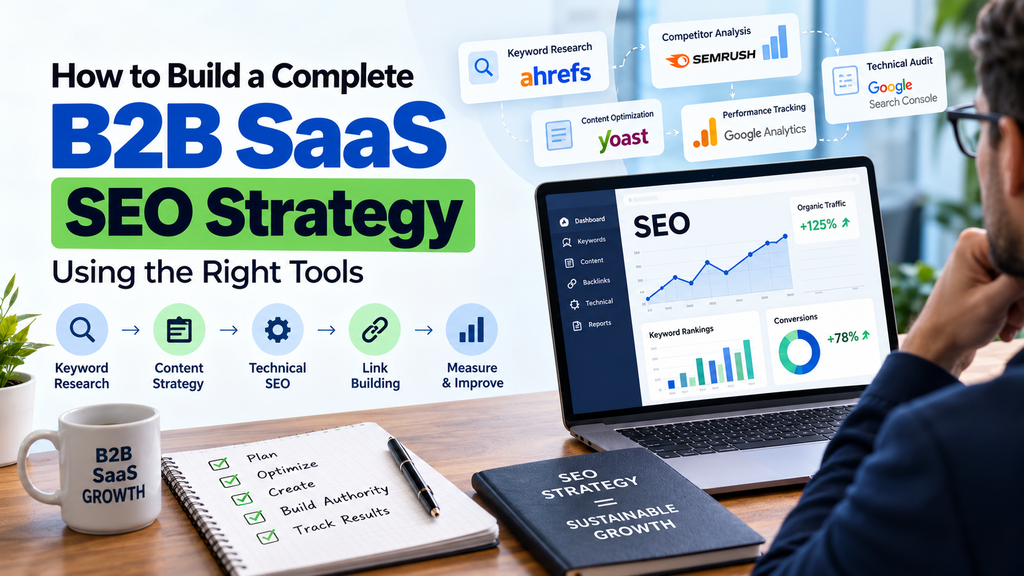 Complete B2B SaaS SEO strategy using keyword research, content optimization, technical SEO, link building, and analytics tools.