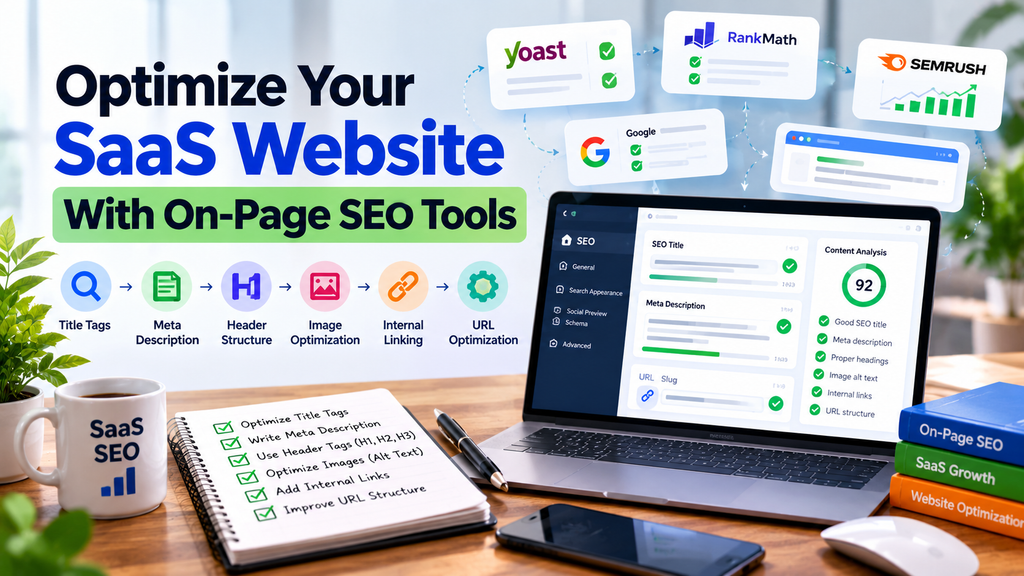 SaaS website optimization with on-page SEO tools for title tags, meta descriptions, headings, internal links, images, and URL structure.