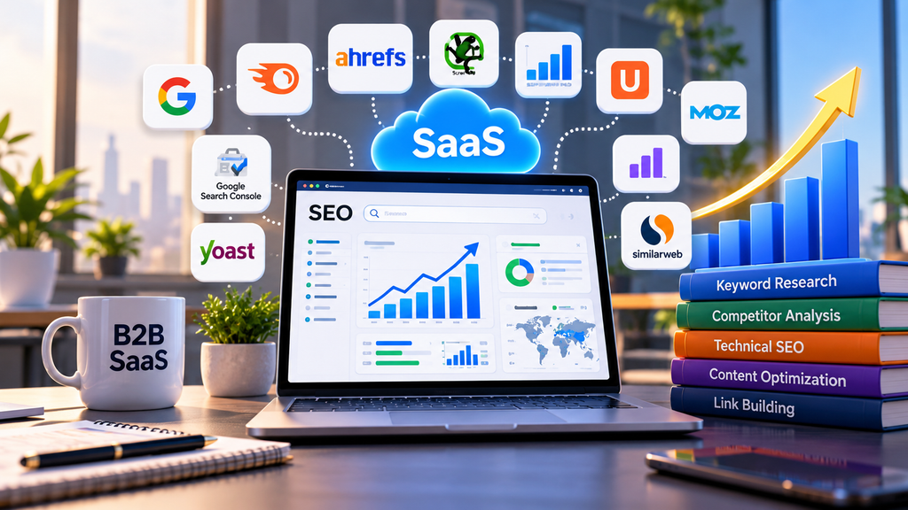 B2B SaaS SEO tools dashboard showing keyword research, technical SEO, content optimization, competitor analysis, and organic growth analytics.