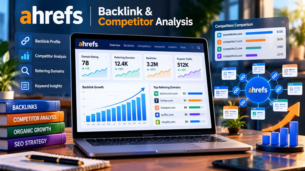 Ahrefs backlink and competitor analysis dashboard showing referring domains, backlink growth, organic traffic, domain rating, and competitor SEO insights.