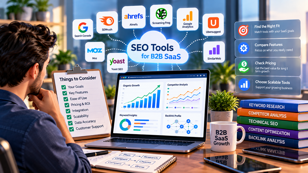Choosing the right SEO tools for B2B SaaS depends on key features and pricing.It also depends on scalability, keyword research, and competitor analysis.Make sure the tools support your business growth goals.