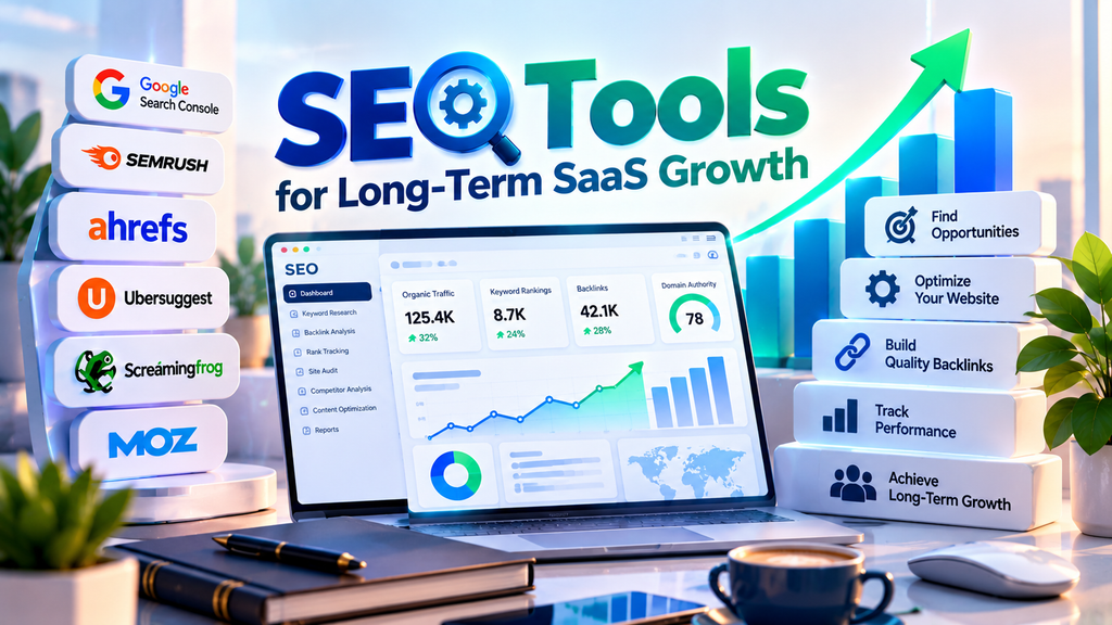 SEO tools for long-term SaaS growth showing keyword rankings, backlinks, organic traffic, website optimization, and performance analytics.