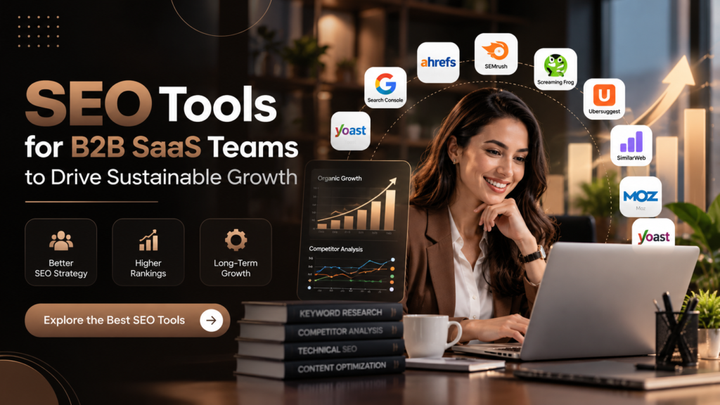 SEO tools for B2B SaaS teams featuring keyword research, competitor analysis, technical SEO, and analytics for sustainable organic growth.