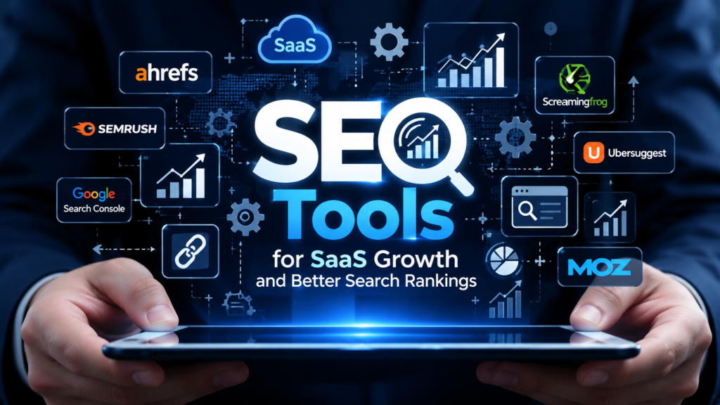 SEO tools for SaaS growth showing search analytics, keyword research, backlinks, technical SEO, and ranking optimization.