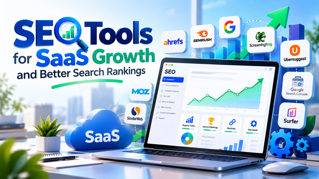 SEO tools for SaaS growth showing analytics dashboard, keyword rankings, organic traffic, and search optimization tools.