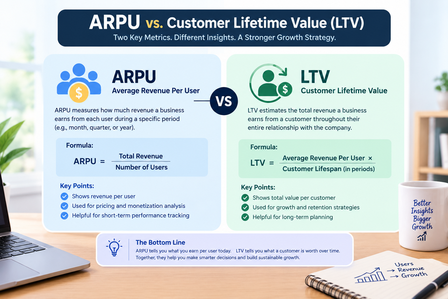 ARPU vs Customer Lifetime Value (LTV) comparison showing formulas, revenue per user, customer value, and business growth metrics.