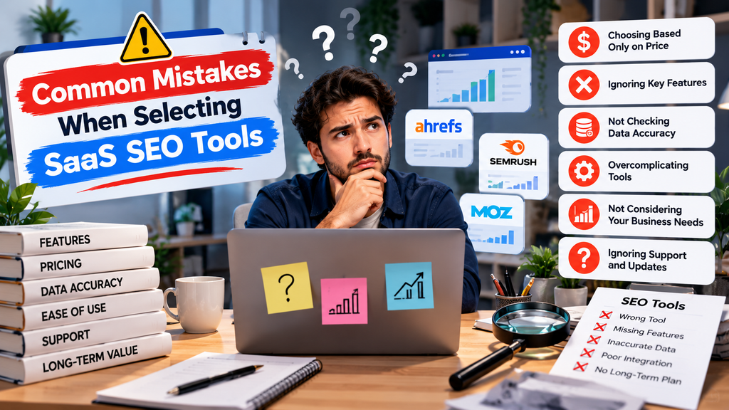 Common mistakes when selecting SaaS SEO tools including ignoring key features, data accuracy, business needs, pricing, and support.