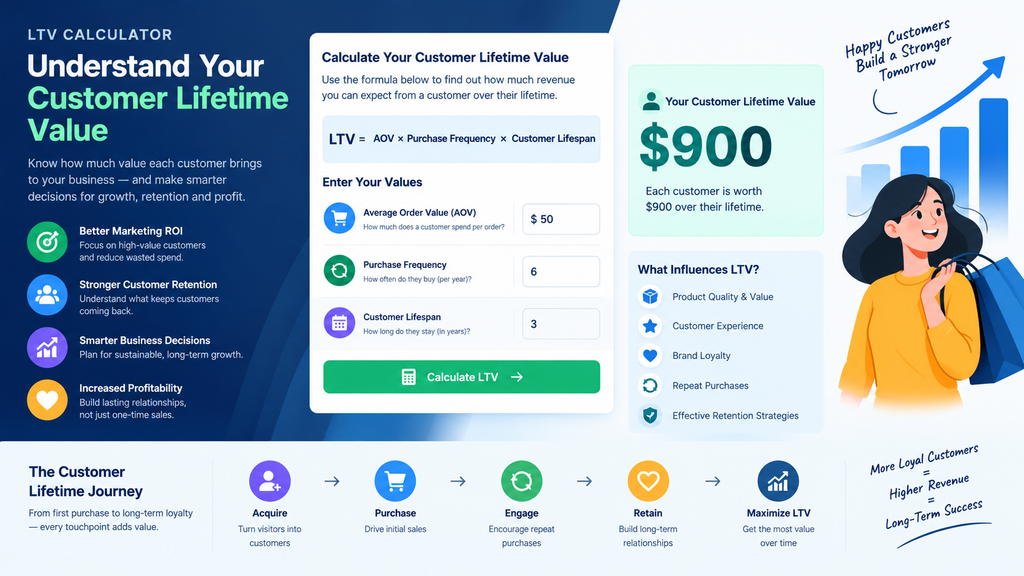 LTV Calculator showing Customer Lifetime Value, formula, key factors, and customer retention journey.