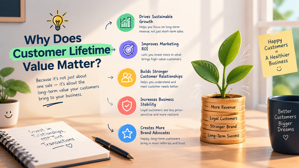 Customer Lifetime Value infographic showing how loyal customers drive revenue, growth, stability, and stronger brand relationships.