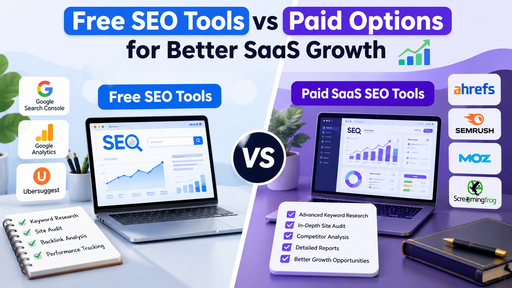 Free SEO tools vs paid SaaS SEO tools comparison showing analytics dashboards, keyword research, site audits, and growth features.