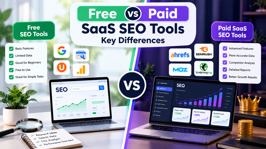 Free vs paid SaaS SEO tools comparison highlighting key differences in features, data, competitor analysis, reporting, and SEO growth.