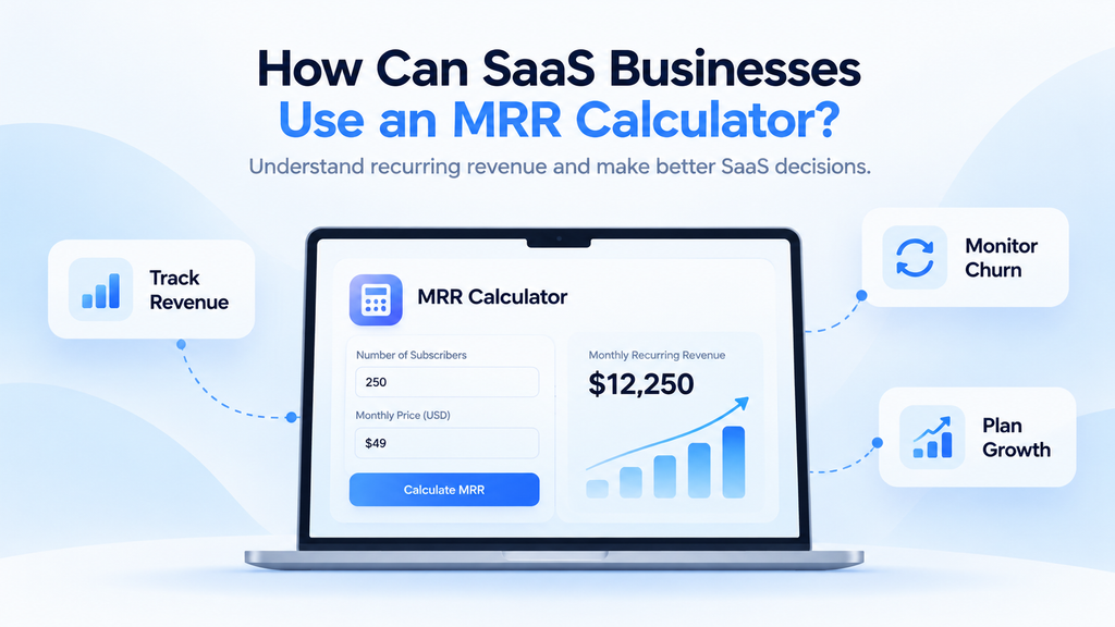 SaaS MRR Calculator dashboard showing monthly recurring revenue, subscription tracking, customer churn monitoring, and business growth planning.
