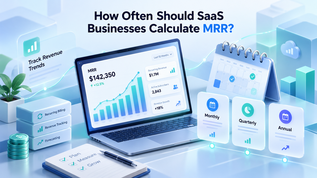 Aesthetic SaaS MRR tracking illustration with a laptop analytics dashboard, calendar schedule, and monthly, quarterly, and annual review cards showing how often SaaS businesses should calculate MRR.