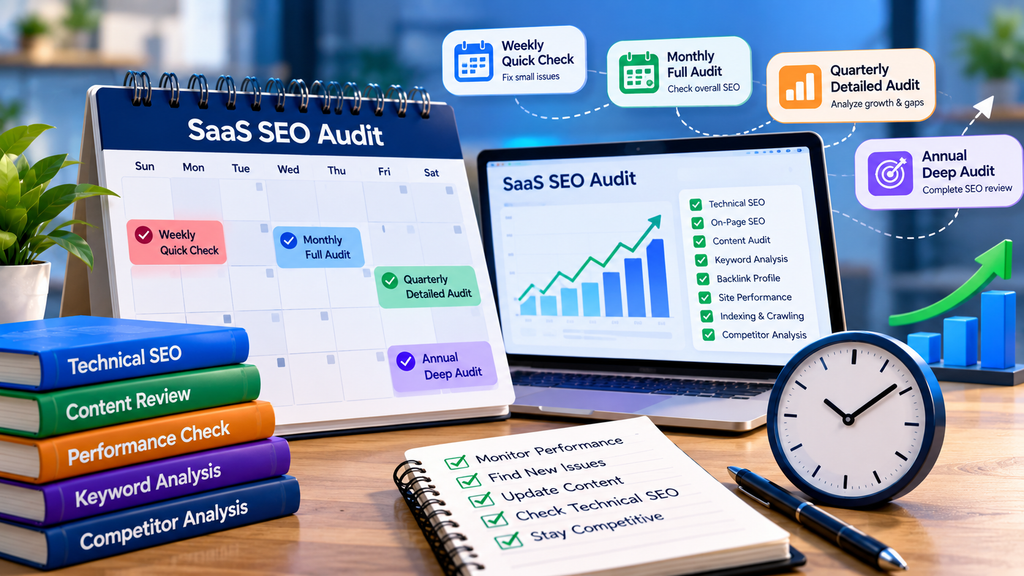 SaaS SEO audit schedule showing weekly, monthly, quarterly, and annual SEO checks with technical, content, keyword, and performance analysis.