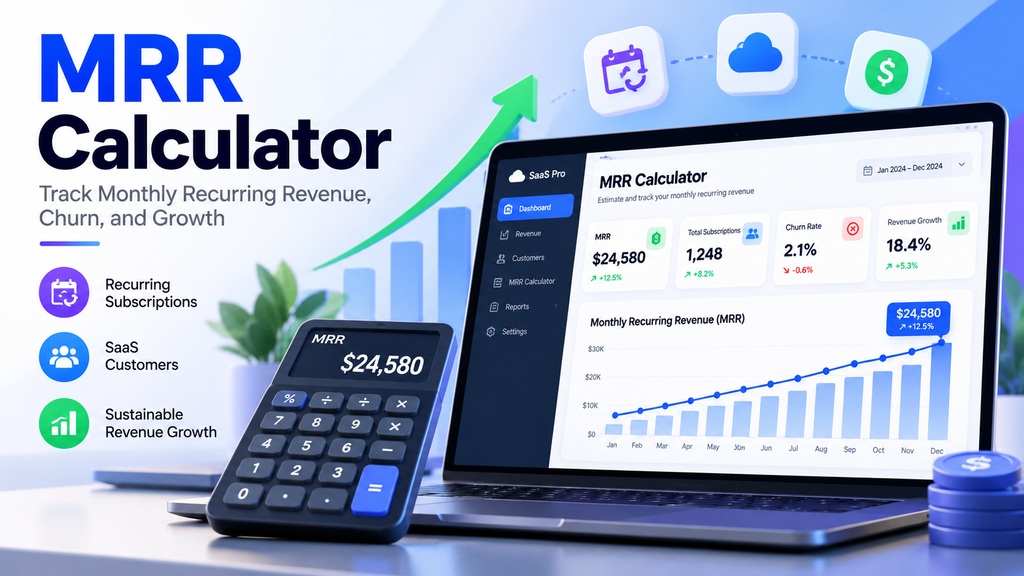 MRR Calculator dashboard showing monthly recurring revenue, SaaS subscriptions, customer churn, and revenue growth analytics.
