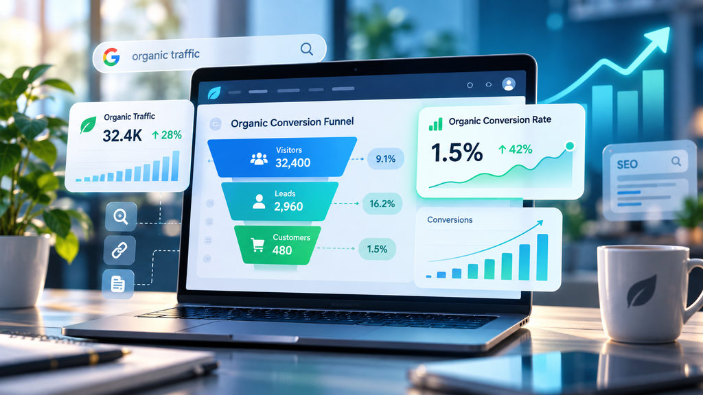 Organic conversion rate dashboard showing organic traffic, visitor-to-lead funnel, customers, conversions, and SEO growth metrics.