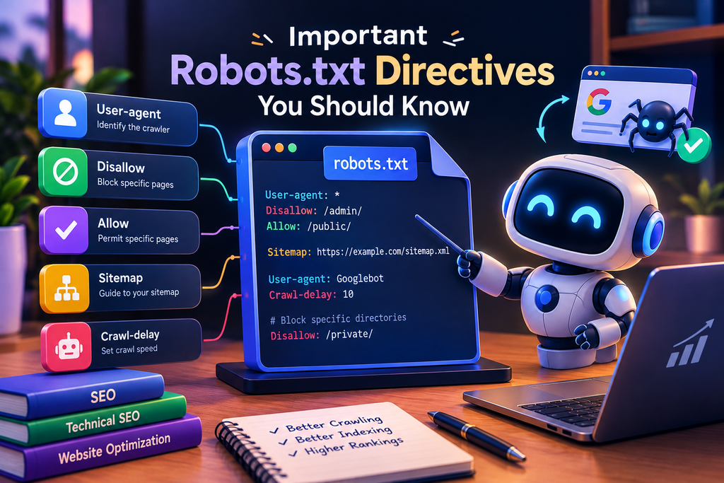 3D illustration of important robots.txt directives, including User-agent, Allow, Disallow, Sitemap, and Crawl-delay, explaining how search engine crawlers follow technical SEO rules for website crawling.