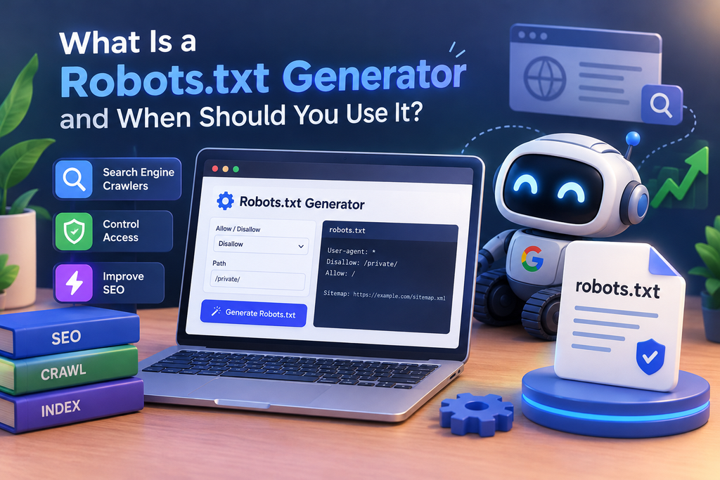 Robots.txt Generator illustration showing SEO tools, search engine crawlers, website access control, and robots.txt file creation for better technical SEO.