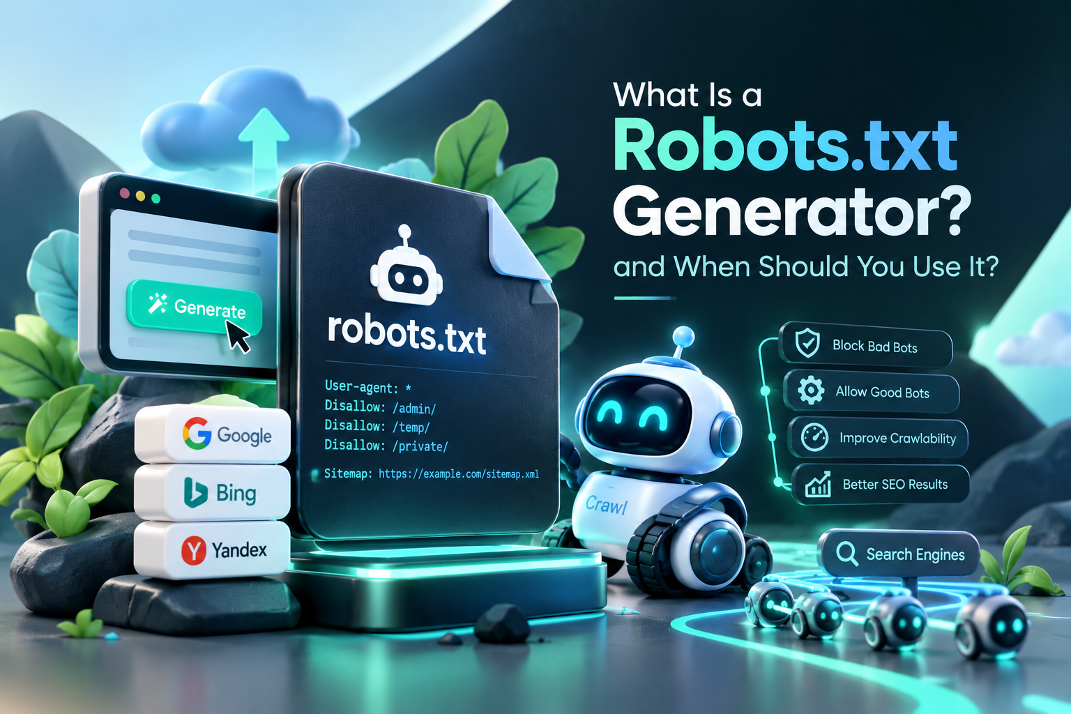 Robots.txt generator for technical SEO showing how to create and manage robots.txt files, control search engine crawler access, block restricted URLs, and improve website crawlability.