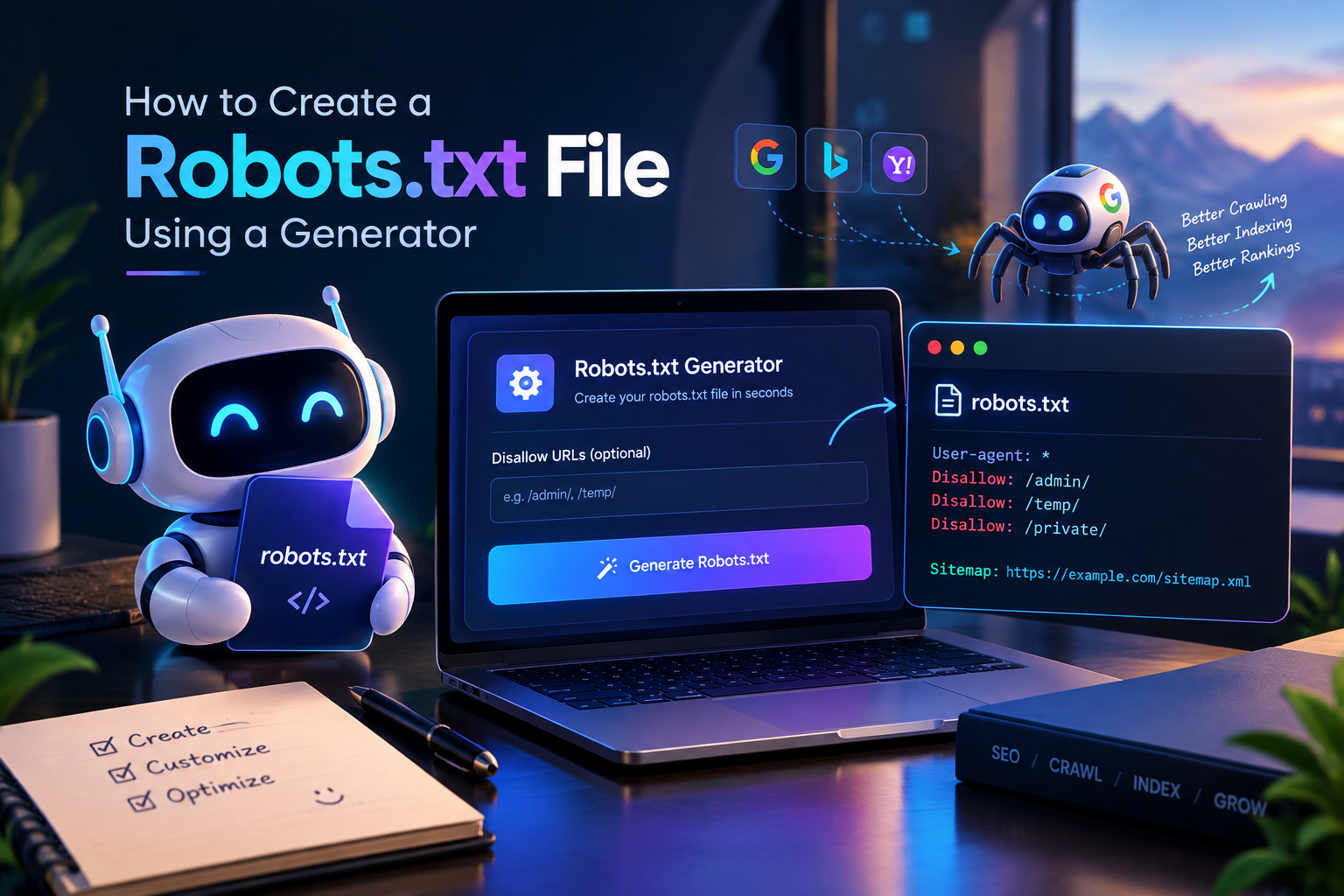 How to create a robots.txt file using a generator with SEO tools, a robots.txt code preview, and search engine crawling optimization.