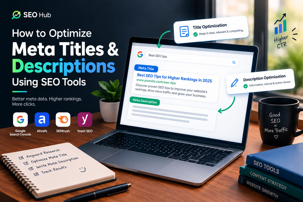 SEO Hub guide to optimizing meta titles and meta descriptions using SEO tools like Google Search Console, Ahrefs, SEMrush, and Yoast SEO to improve search rankings and click-through rates.