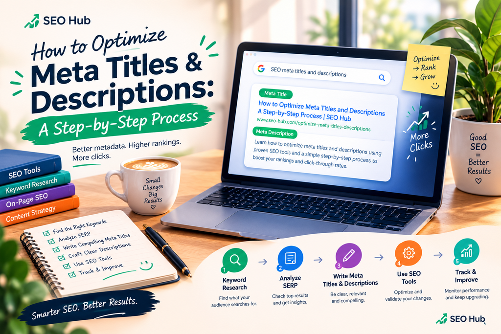 SEO Hub step-by-step guide to optimizing meta titles and descriptions using keyword research, SERP analysis, SEO tools, and performance tracking to improve search rankings and click-through rates.