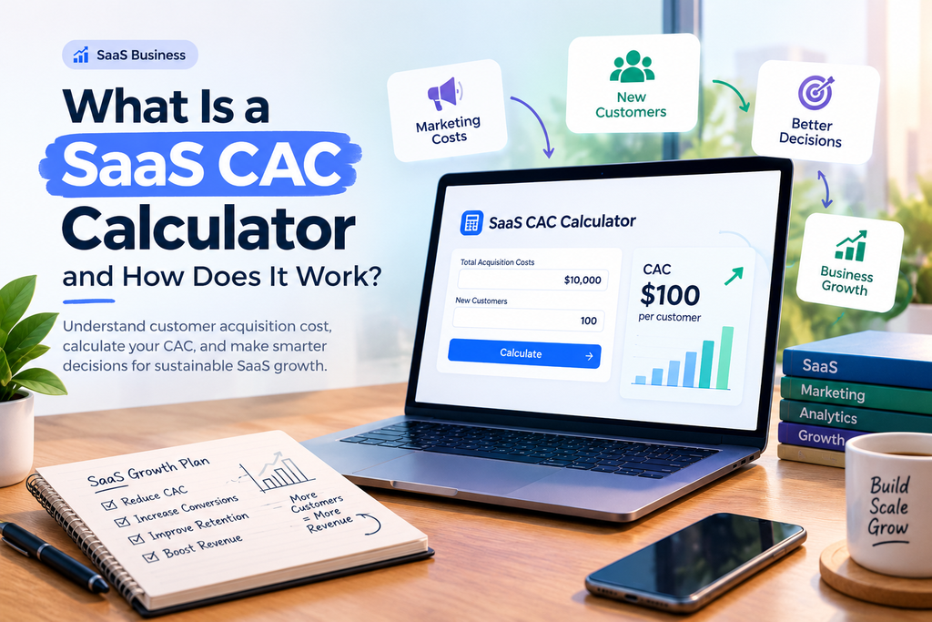 SaaS CAC Calculator illustrating customer acquisition cost, marketing expenses, new customer acquisition, CAC calculation, and sustainable business growth using a modern laptop dashboard.