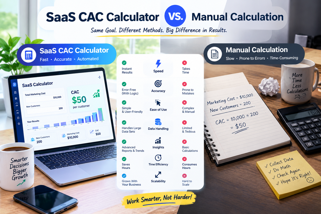 SaaS CAC Calculator vs. Manual Calculation – A visual comparison of automated customer acquisition cost calculations and manual methods, highlighting speed, accuracy, time efficiency, data analysis, and SaaS business growth.
