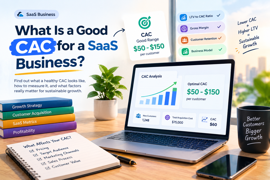 What Is a Good CAC for a SaaS Business – SaaS customer acquisition cost analysis with CAC benchmarks, LTV to CAC ratio, gross margin, customer retention, and business growth metrics.