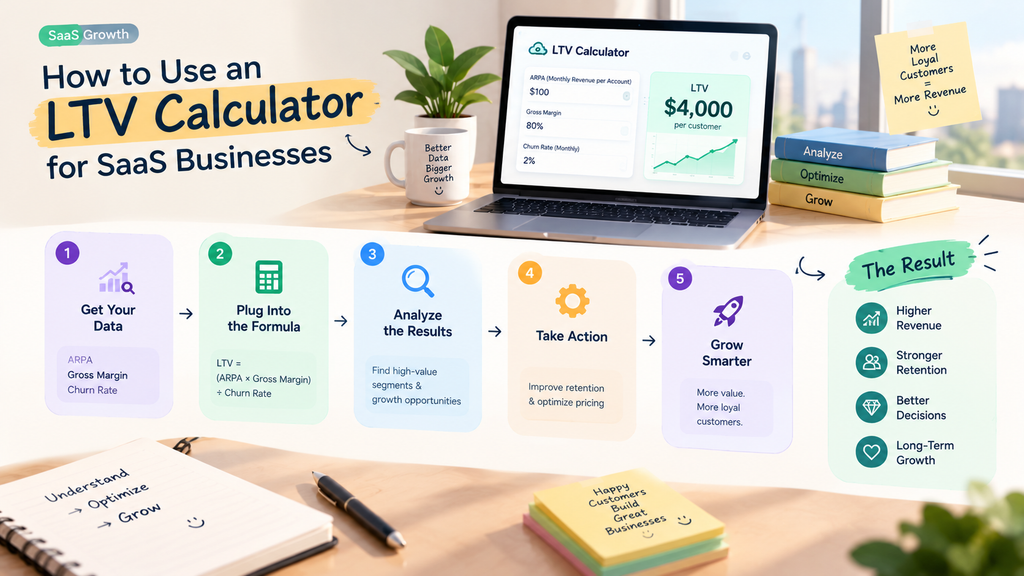 LTV Calculator for SaaS businesses showing key steps to calculate, analyze, and improve customer lifetime value.