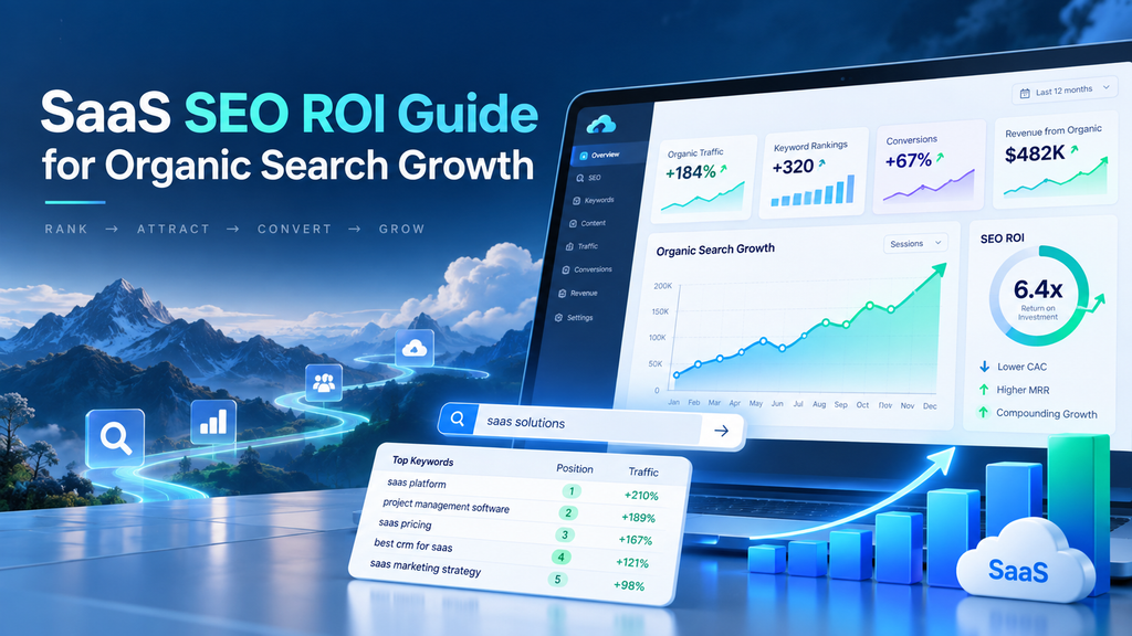 SaaS SEO ROI guide showing organic search growth, keyword rankings, conversions, revenue, and return on investment analytics dashboard.