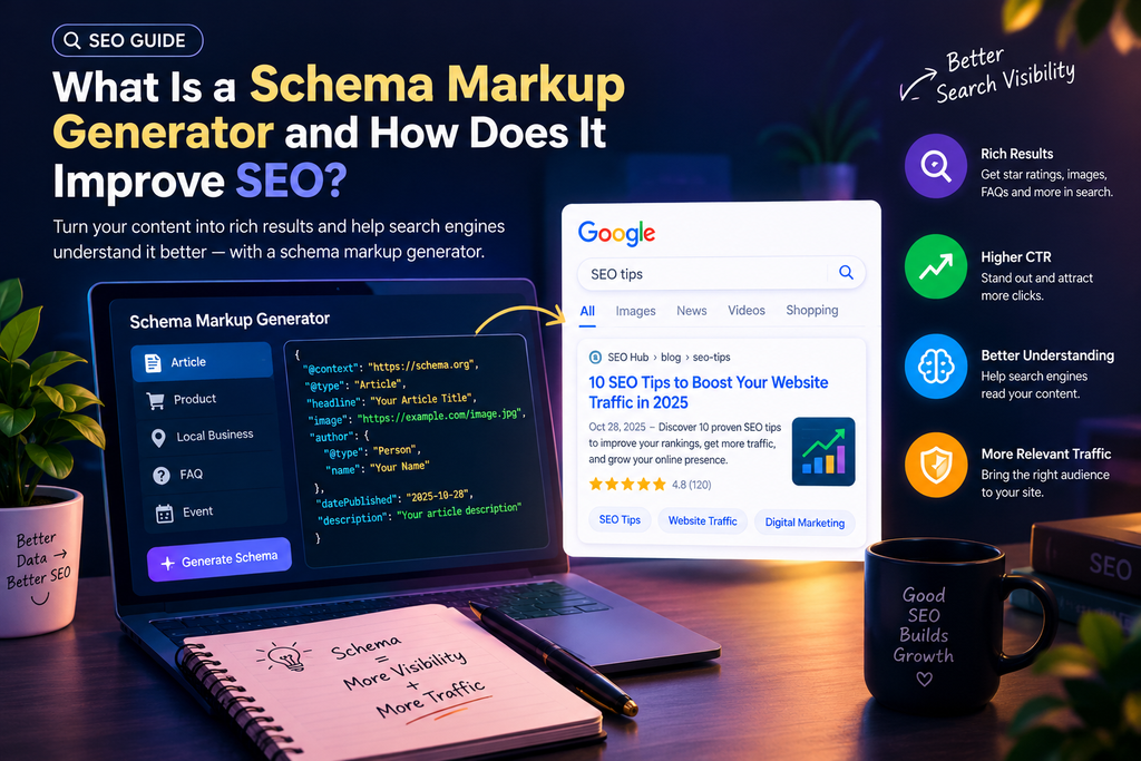 Schema markup generator for SEO showing JSON-LD structured data, rich search results, improved click-through rates, and better search visibility.