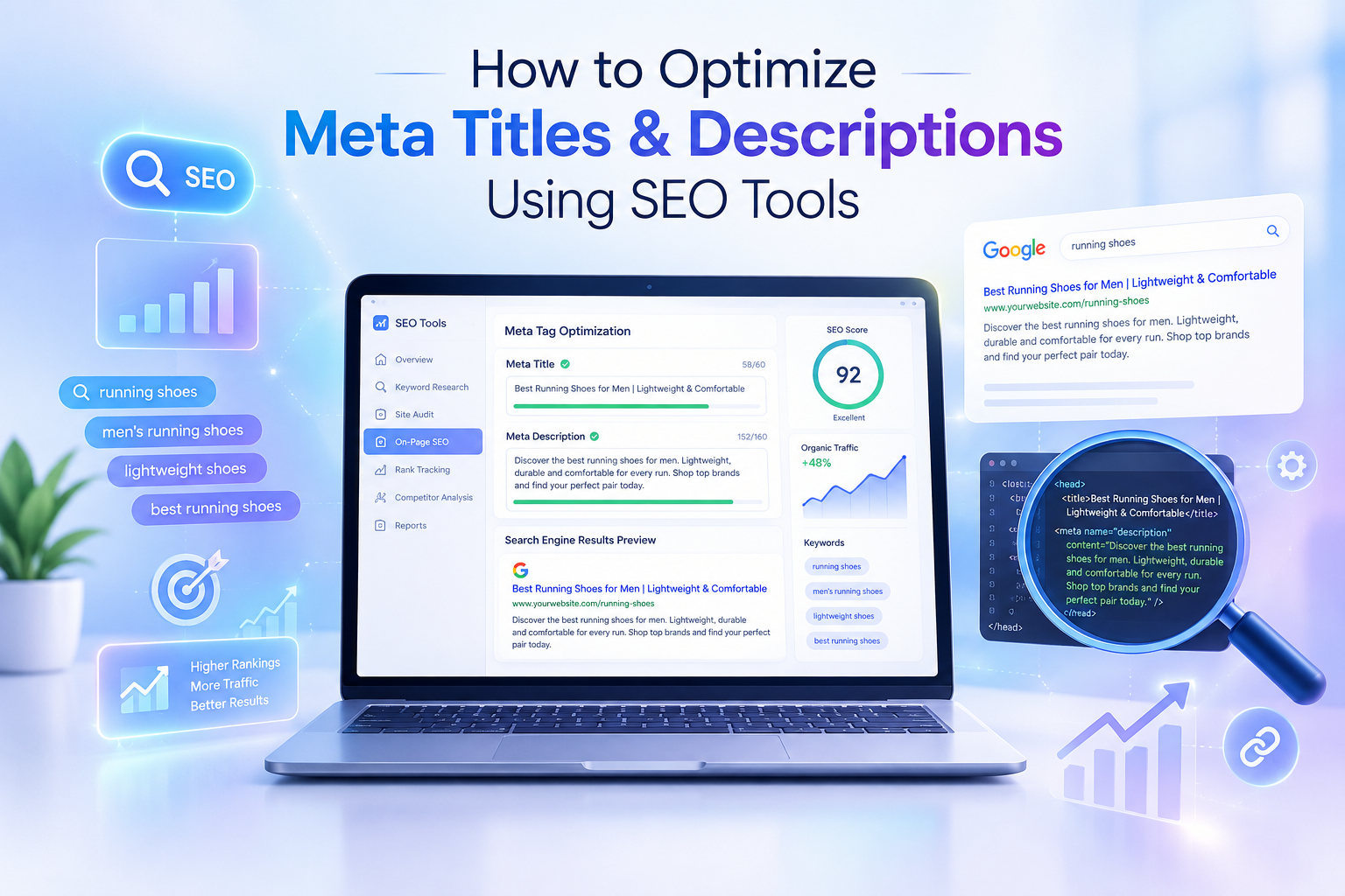 SEO meta title and description optimization using SEO tools, featuring a laptop with meta tag analysis, Google search preview, keyword research, and SEO performance metrics.